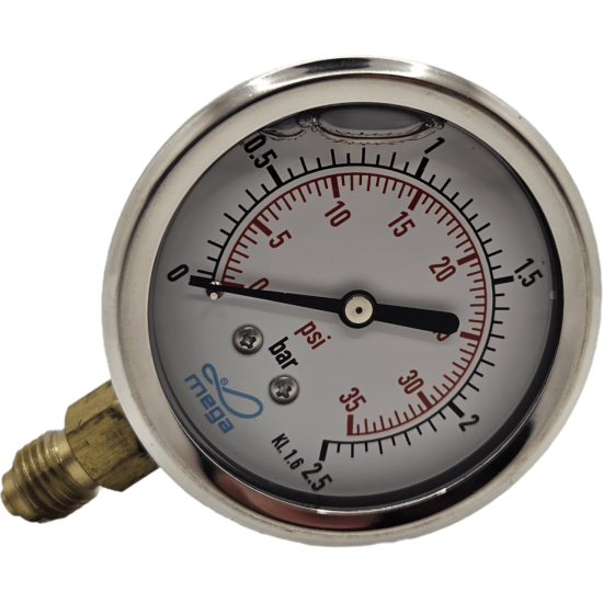 Manometr wypełnienie z gliceryny 0/2,5BAR 63mm x GZ 1/4" wyjście boczne Mega